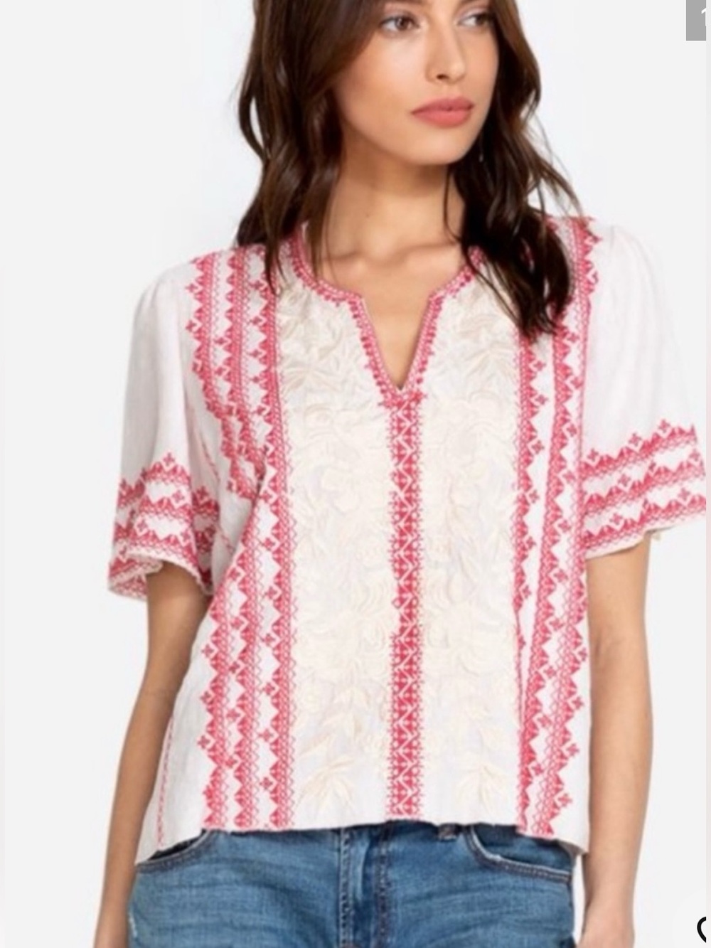 Johnny Was Camille Linen Red & Cream Floral Shirt